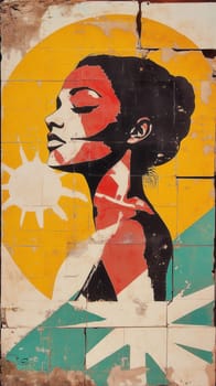 Mural painting inspired by 1960s brazilian graphic design, featuring a woman's profile against a sun and geometric patterns