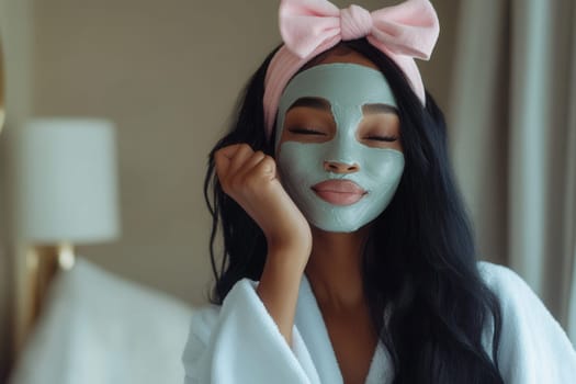Young woman wearing a bathrobe enjoying a clay mask treatment in her hotel room