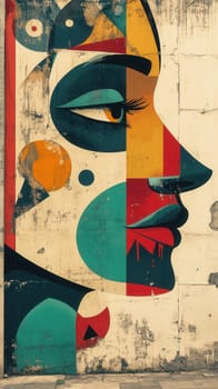 Weathered colorful mural painting of a woman face in a geometric style, reminiscent of brazilian graphic design from the 1960s