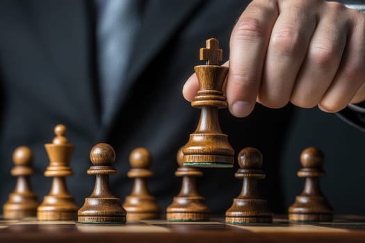 Businessman moving king chess piece on chessboard, strategy and business concept