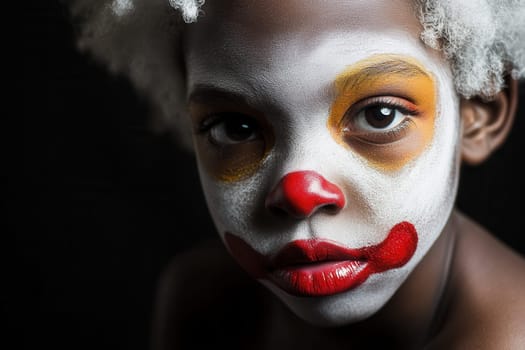 Close up portrait of an african child wearing dramatic clown makeup, evoking a sense of mystery and intrigue