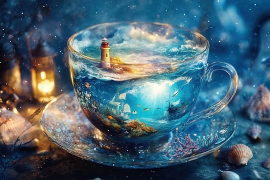 Transparent teacup rests on a saucer, containing a miniature ocean world complete with a lighthouse, sailing ships, and marine life