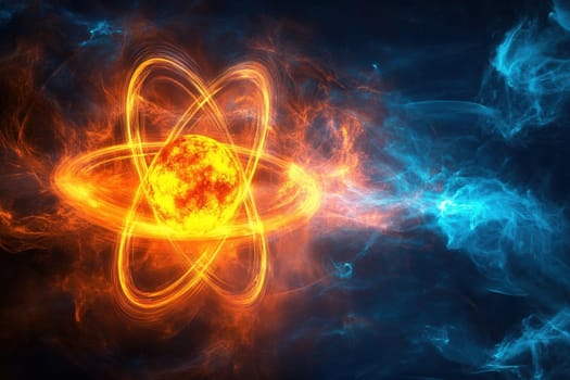 Abstract atom particle with hot fiery rings rotating around nucleus in deep outer space