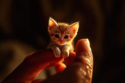 Small ginger kitten held in the palm of a hand, illuminated by warm light