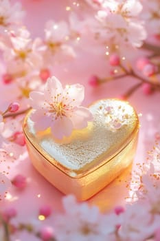 Heart shaped golden gift box with cherry blossoms on a pink background, creating a romantic and luxurious atmosphere