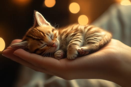 Adorable striped kitten sleeping soundly in a gentle hand, illuminated by warm bokeh lights