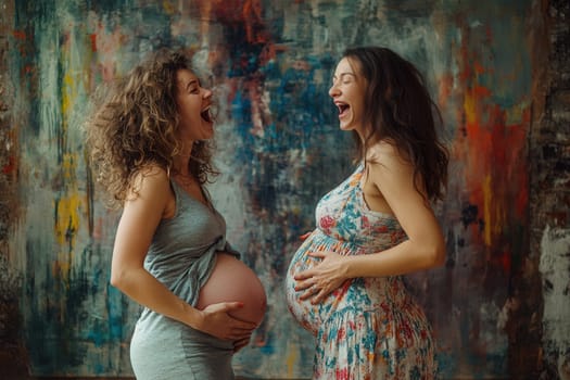 Two happy pregnant women are laughing and touching their bellies