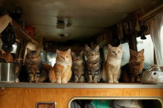 Seven cats are lined up and sitting on a shelf inside a camper van, creating a humorous and adorable scene