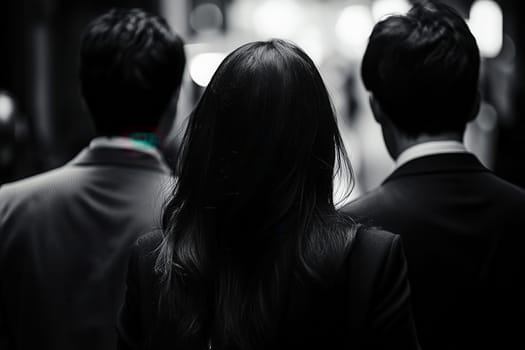 Business people walking in the city in suits, seen from behind, black and white image