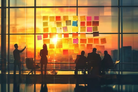 Managers using sticky notes on a window glass are having a meeting in a modern office at sunset