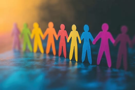 Rainbow colored paper people chain holding hands, promoting diversity, inclusion, and equality