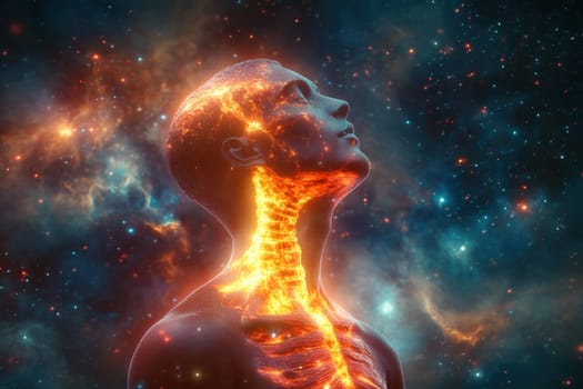 3d illustration of a burning man with glowing spine and head looking up at the universe