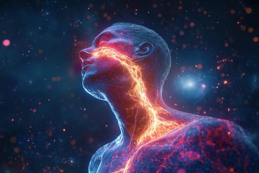 Red and orange energy flowing through human body against starry night digital illustration