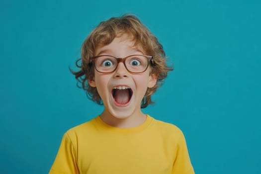 Portrait of surprised elementary school student shouting with open mouth wearing glasses and yellow t shirt on blue background