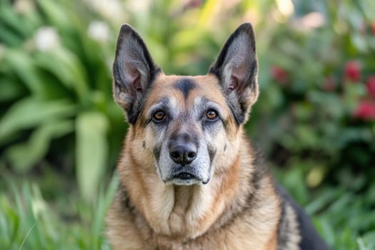 Senior german shepherd dog resting peacefully in a vibrant garden, enjoying the tranquility of nature