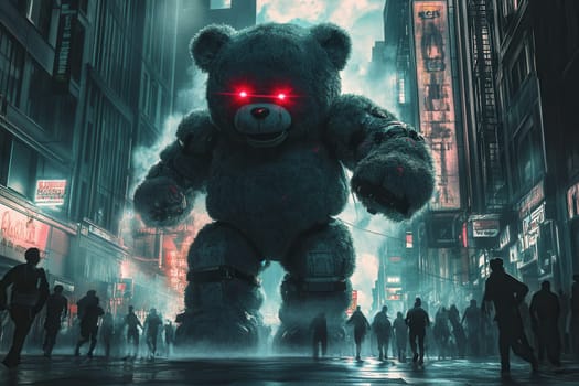 People fleeing from a giant, scary mecha teddy bear attacking a futuristic city at night