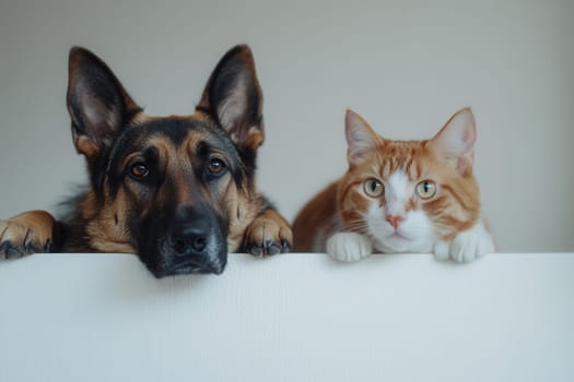 Adorable german shepherd dog and ginger cat leaning on a white surface, creating a heartwarming scene of interspecies friendship