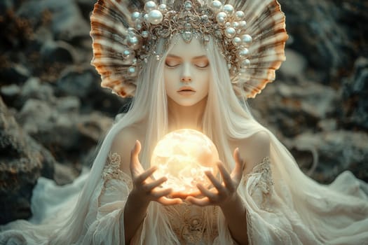 Albino mystical woman with seashell crown holding glowing sphere in rocky landscape