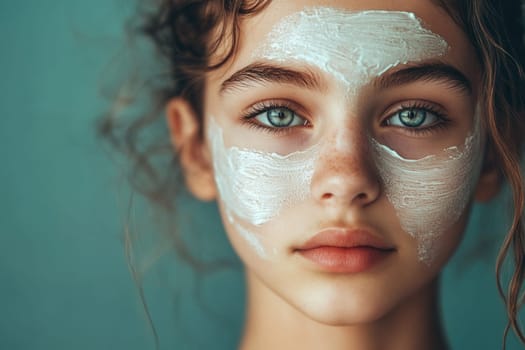 Teenager applying a white moisturizing mask on her face for skin treatment