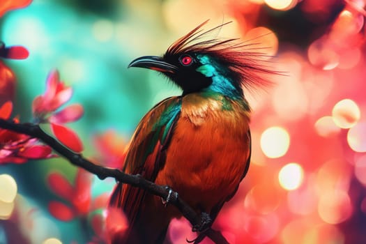 Small exotic bird with colorful plumage, red eyes and crest perching on a branch