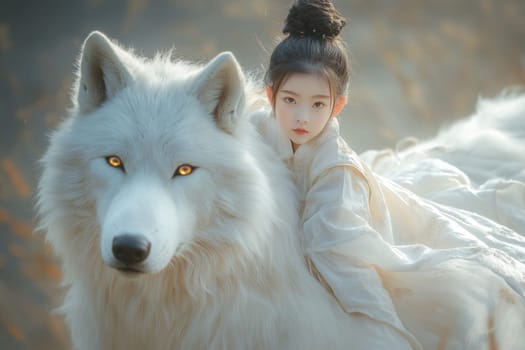 Young girl model poses in traditional clothing with a majestic white wolf, creating a captivating and fantastical scene