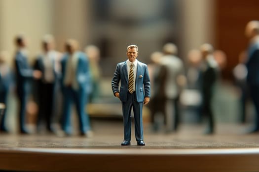 Miniature businessman figurine is standing in the foreground with a group of blurred businesspeople in the background, symbolizing leadership, individuality, and success in the corporate world