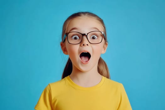 Portrait of a surprised elementary school student wearing eyeglasses with her mouth wide open against a vibrant blue backdrop
