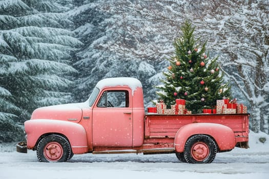 Pink vintage truck is parked in the snow, carrying a decorated christmas tree and gifts in its flatbed
