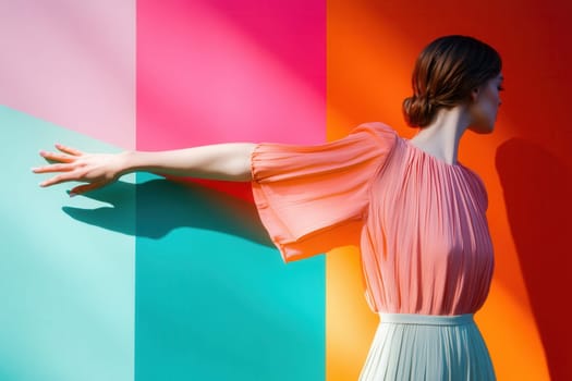 Stylish model showcasing fashion forward attire against a vibrant backdrop of pink, fuchsia, turquoise, and orange panels
