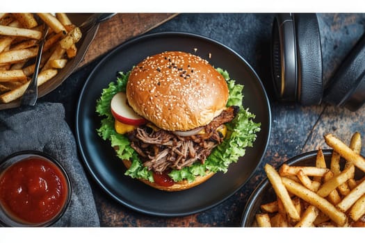 Delicious pulled pork burger served with crispy french fries, ketchup, and apple slices, creating a satisfying and flavorful meal