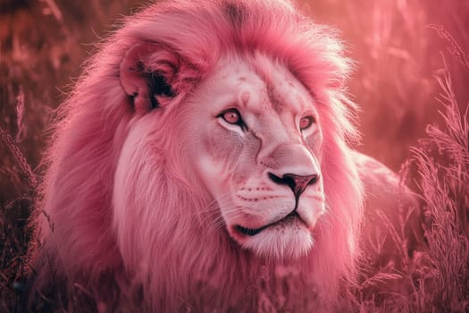 Close up of a pink lion resting in tall grass, showcasing its majestic presence and unique coloration