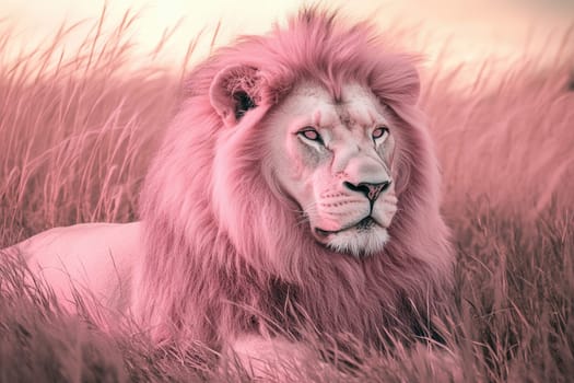 Pink toned lion resting peacefully in tall grass during a vibrant sunset