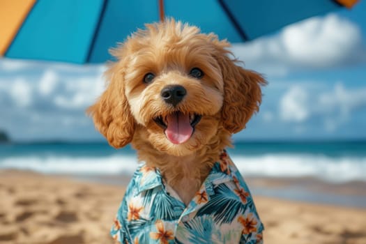 Small, fluffy cavapoo puppy wearing a hawaiian shirt, enjoying a sunny day at bondi beach, australia