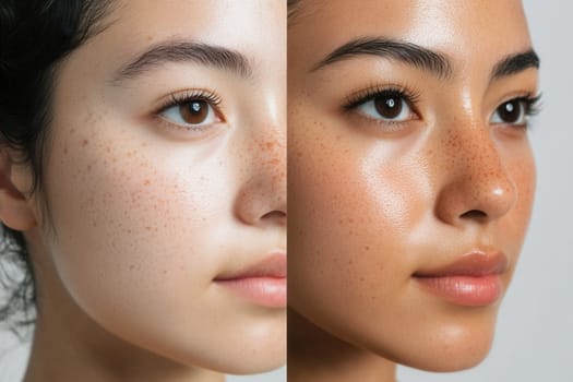 Close up of a young woman's face, showcasing the difference between her natural skin tone and a tanned complexion