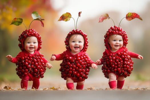 Three happy toddlers wearing cherry costumes are walking outdoors in autumn, enjoying a playful moment