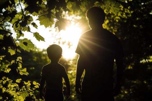 Father and son standing in nature, admiring beautiful sunset light shining through trees