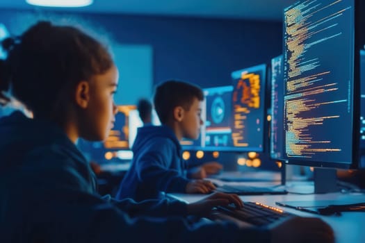 Diverse group of elementary school students learning computer programming code in computer science class
