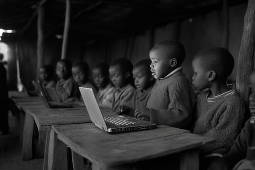 African schoolchildren using laptops in a classroom, embracing technology and education in a rural setting