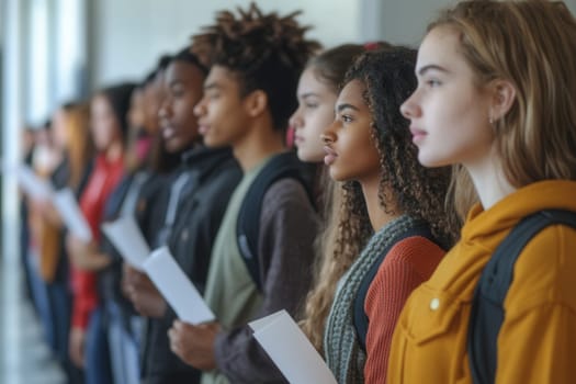 Ethnically diverse high school students standing in line holding papers and waiting
