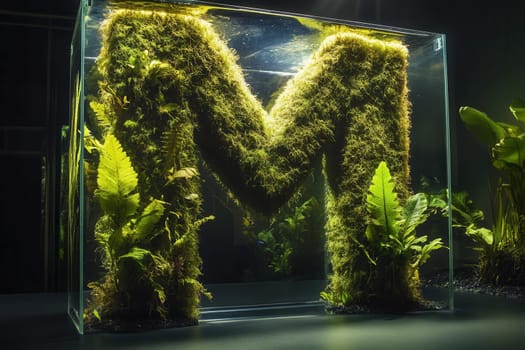Lush green letter m made of moss and ferns thrives inside a glass aquarium, creating a miniature ecosystem