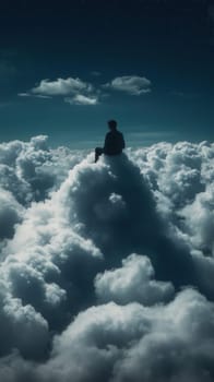 Young man sits on a cloud, contemplating the vastness of the night sky