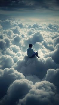 Young man sits contemplatively on a cloud, gazing at the vast expanse of the sky