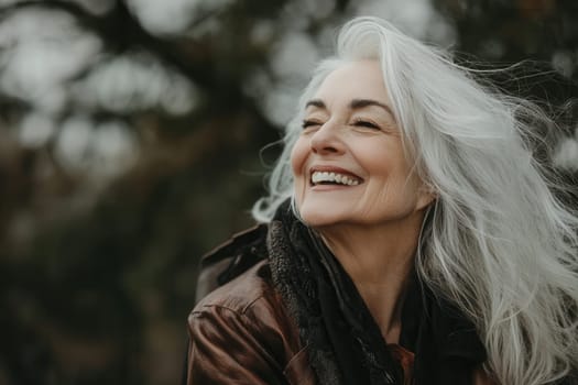 Portrait of joyful senior woman with long gray hair laughing and enjoying nature
