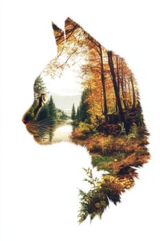 Cat profile silhouette containing autumn forest, lake and mountain landscape, creating a double exposure effect