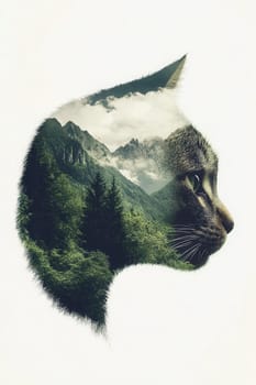 Double exposure image of a cat's profile combined with a mountain forest landscape promoting environmental awareness