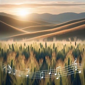 A field of wheat at sunrise, with musical notes superimposed, creating a serene and harmonious scene. High quality AI-generated photo.