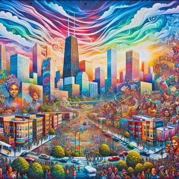 A vibrant mural depicting a diverse crowd of people on a city street, with the Chicago skyline in the background. High quality AI-generated photo.