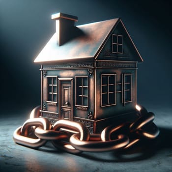 A metallic model house is encircled by a copper chain, creating a symbolic image of financial burden or constraint. High quality AI-generated photo.