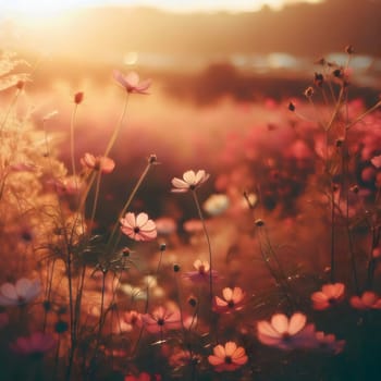 A field of cosmos flowers at sunset, with warm, golden light illuminating the scene. High quality AI-generated photo.