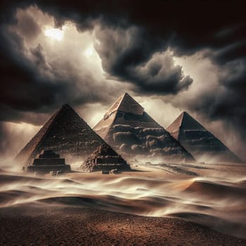 The Giza pyramids under a dramatic, stormy sky, with swirling sand in the foreground. High quality AI-generated photo.